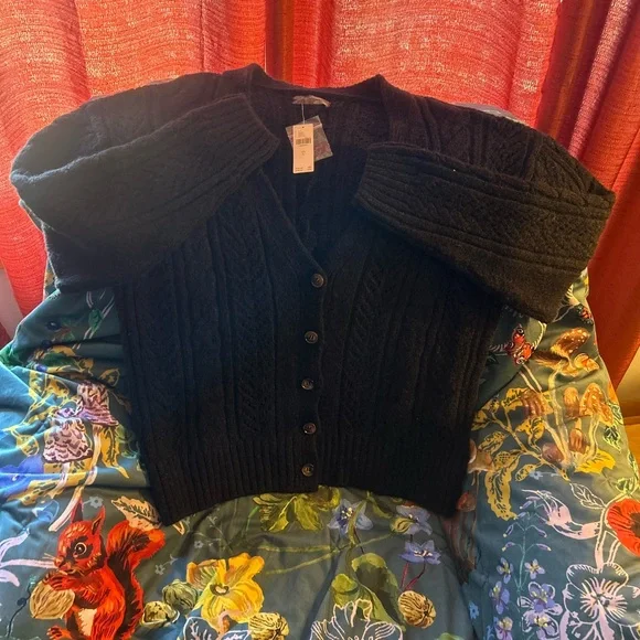 NWT Anthropologie Classic Pointelle Cardigan in Black Size Large - Picture 1 of 11